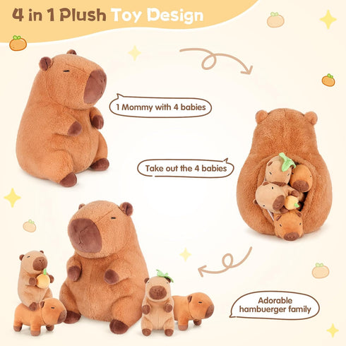 5-in-1 5PCS Set Mommy 4 3 8 SuzziPals Sitting Capybara Stuffed Animals with Babies Inside, Capybara Plush with & Babie