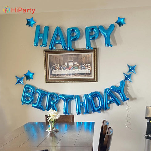 Blue Happy Birthday Balloons Banner, Mylar 3D Foil Letter Banners & 6 Star Balloons, 3-in-1 Party Decorations for Kids