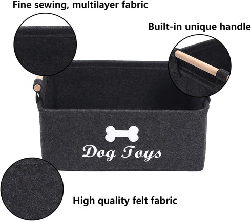 Geyecete Dog Toys Storage Bins with Wooden Handle, Collapsible Pet Supplies Storage Basket (DOG-Dark Grey)