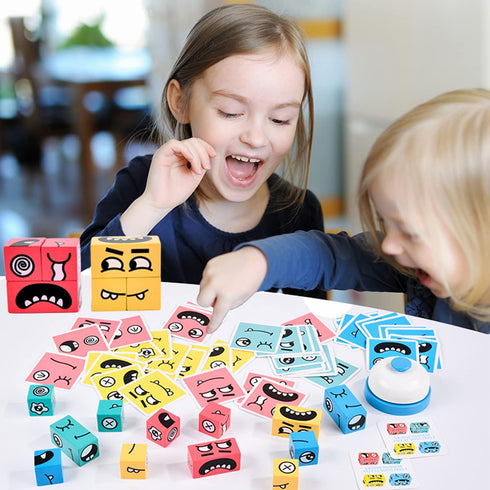Wooden Face Changing Magic Cube Building Blocks Game Matching Expression Puzzle Toy Board Games for Family Night, Match