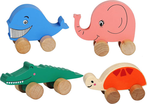 TOWO Wooden Cars for Toddlers, Animals on Wheels, Sensory Grasping Motor Skill Toy for Babies 12 Months+