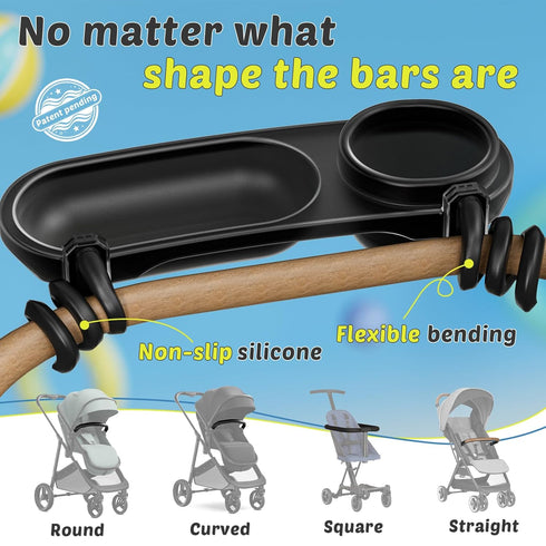 Universal Snack Tray for Stroller, Cup Holder Tray with Flexible Silicone Arm Gripper, Stays in Place Tray Attachment