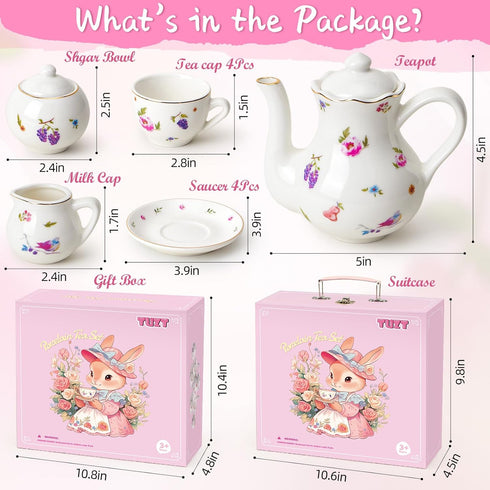 Set 3-8, Set TUZT Tea Party for Little Girls Ages White Floral Porcelain Tea with Gold Trim Edges, Princess Tea Time