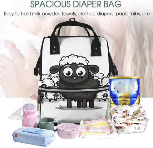 QSMJKLD Backpack Mommy Daypack Cartoon Black White Sheep Diaper Bag with Changing Pad, Pacifier Holder - Multifunction