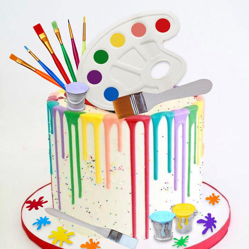 26 Pcs Art Cake Topper - Paint Cake Decorations with Paint Pen, Brush, Bucket for Kids Birthday Party