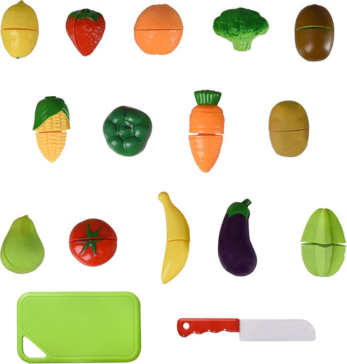 Playset (32 Playkidz: Fruit and Vegetables Basket Pretend Play Kitchen Food Educational with Toy Knife, Cutting Board