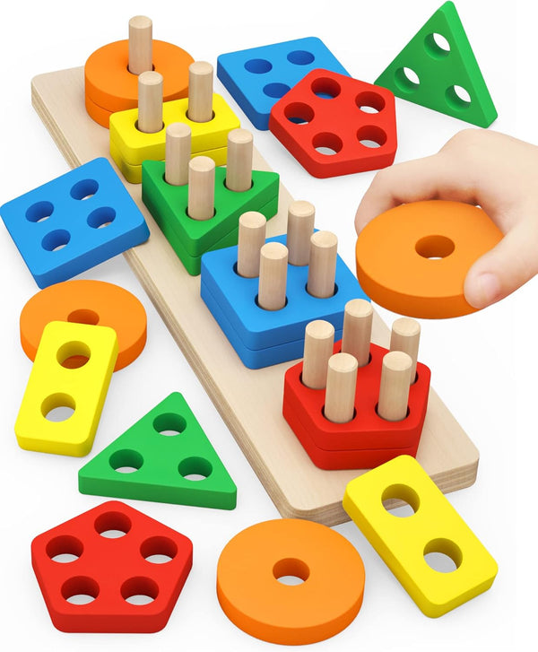 PEBIRA Montessori Toys for Toddlers - Wooden Sorting & Stacking Toys for 1 to 3-Year-Old Boys Girls