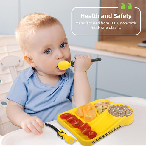 Construction Toddler Plates - Toddler Eating Utensil Set with Removable Straw, Baby Plates Feeding Set for Toddler