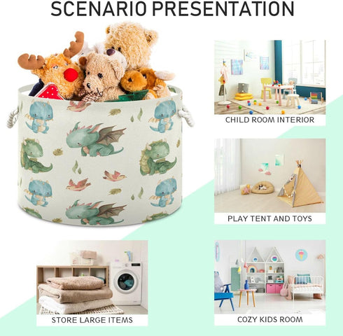 YETTASBIN 20 14 Inch Watercolor Cute Dragon Cotton Rope Basket Large Round Baby Laundry Basket Toy Blanket Books