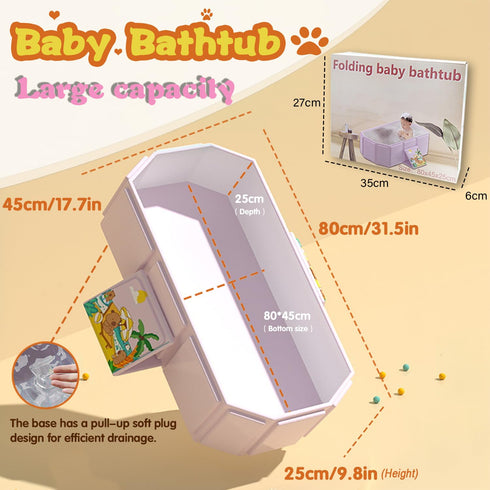 NARUNING Baby Foldable Children's Bathtub, Portable Non-Slip Shower Tray for Kids, Toddler Bath Tub with Drain Plug