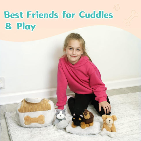 8-Piece Set, 9.8 Inch Set 4 Muiteiur Dog House Plush Plush Dog House with Cute Puppies, Magic Gate, Bottle, Bed Pad