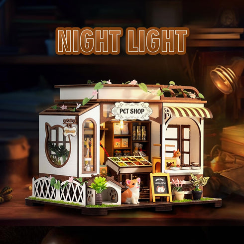 Teens,3D DIY Miniature House Kit,Pet Shop Dollhouse Miniature Kit with LED & Furniture,Mini Diorama House Building Kit