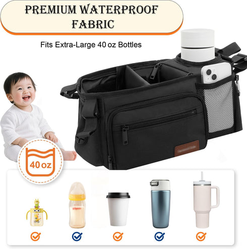 Generic 14"-19" Stroller Organizer Bag with Insulated Cup Holder & Adjustable Dividers, Non-Slip Stroller Caddy