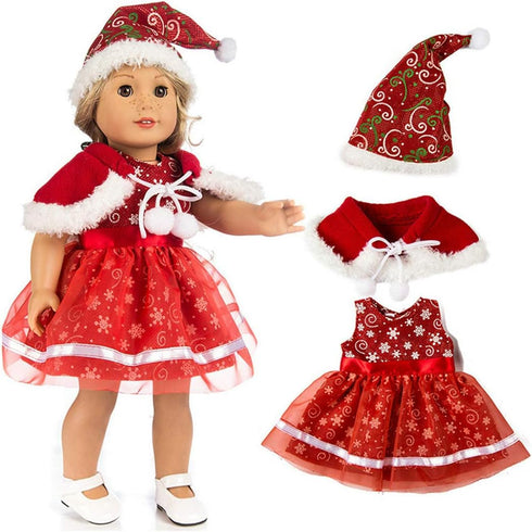 TianBo 3pc Christmas Doll Clothes, 18 Inch Red Color Including Snowflake Hat Shawl Dresses for Girl Dolls