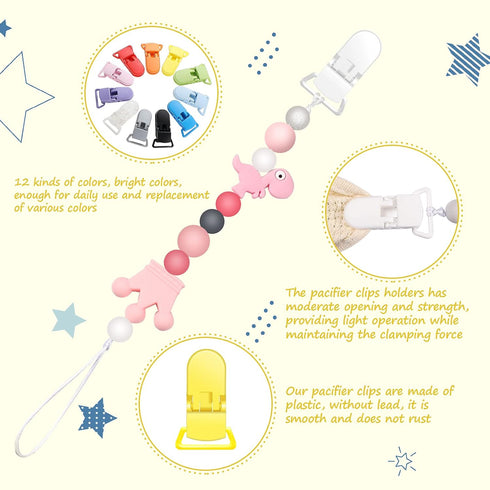 60 Pieces Pacifier Clips Holders Plastic Suspender Clips for Pacifiers, DIY Teething Toys, Baby Blankets, Bib, 12 Colors