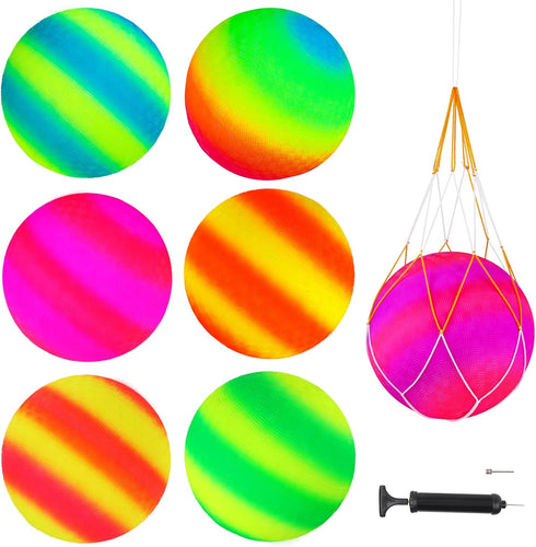 Hooqict 6 Pack 8.5 Inch Playground Balls - Inflatable Rainbow Sports Balls with Hand Pump and Portable Ball Net Bags