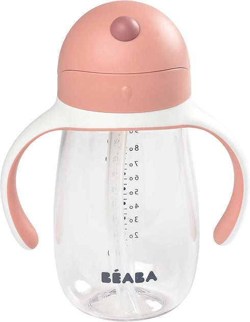 Beaba Straw Sippy Cup - Toddler Baby Straw Cup with Removable Handles, Leak Proof, 10 oz (Rose)