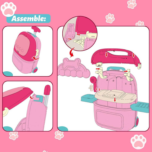 MAGIC4U 29PCS Set, 3-12 Pet Cat Care Carrier Suitcase Toy, Vet Clinic and Doctor Kit for Kids, Pet Kitty Grooming