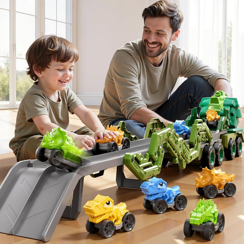 PEADUCK 3-5, 10-in-1 9 3 4 5 6 7 8 Toddler Car Truck Toys for Kids Ages Dinosaur Carrier Truck with Foldable Track Toys