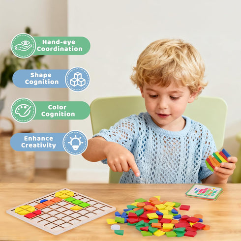 142PCS 3+ Wooden Pattern Blocks Montessori Mosaic Puzzle Geometric Shapes Tangrams for Kids with Storage Bag, Following
