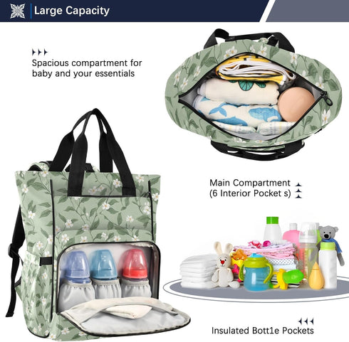 SUABO Backpack Leaf and Flower Pattern Baby Diaper Bag Large Bag Waterproof Travel Diaper Bags for Moms and Dads