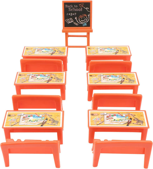NUOBESTY 13pcs Yellow Table and Chairs, Mini Scene Doll Locker, Kids Desk Mini Classroom Toys