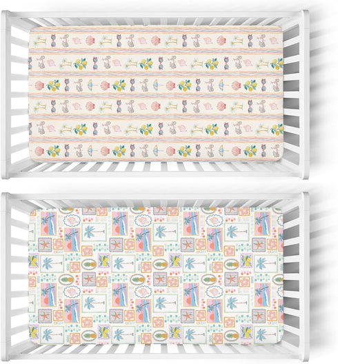 Summer 52x28In 2 Pack Bright Beach Girly Baby Crib Sheets for Girl Tropical Lemon Palm Tree Seashells Soft Snug Fitted