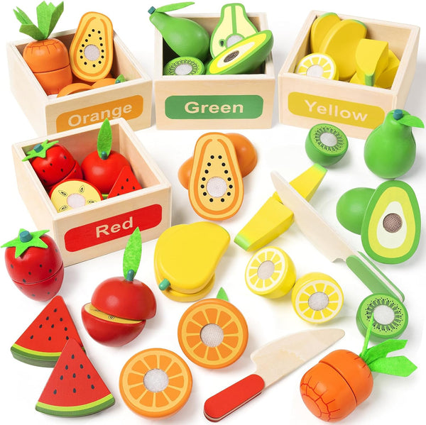 TooyBing Wooden Play Food Toy Set for Kids Kitchen - 30 Pcs