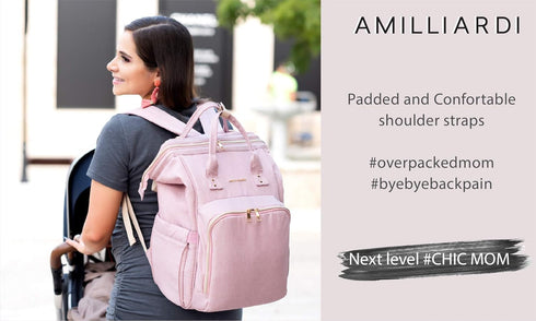 Backpack Diaper Bag Light Pink, Water- Resistant Polyester Baby Bag Detachable Stroller Straps Stylish & Spacious