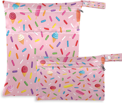 Haskirky Ice Pream with Sprinkles 2 Pcs Cloth Diaper Wet Dry Bags,Waterproof and