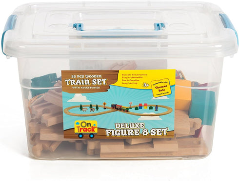 Wooden Train Set 35 Piece All in One Wooden Toy Train Tracks Set with Magnetic Trains and Railway Accessories in Clear
