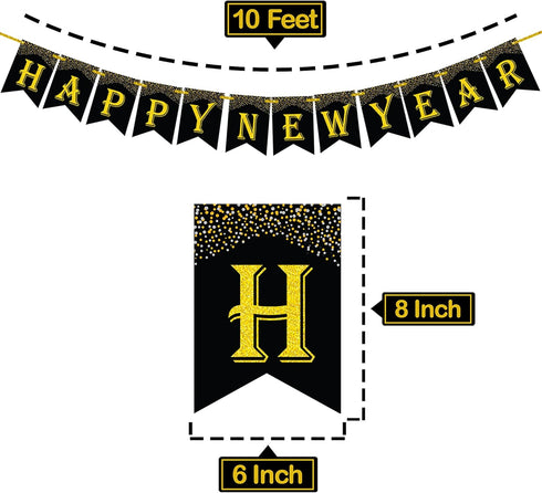 KatchOn Gold and Black Happy New Year Banner - Large 10 Feet Glitter Backdrop for New Years Eve Party Supplies