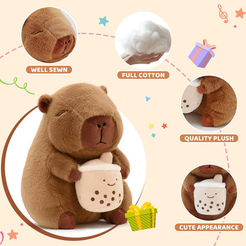 13-inch Cute Capybara Plush with Boba - Kawaii Capybara Stuffed Animal Pillow Soft Stuffed Plush Toy - Capybara Party