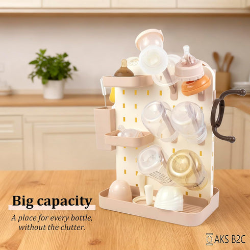 AKS B2C Countertop Baby Bottle Drying Rack Space Saving Vertical Rack with Brushes Holder (Pink)