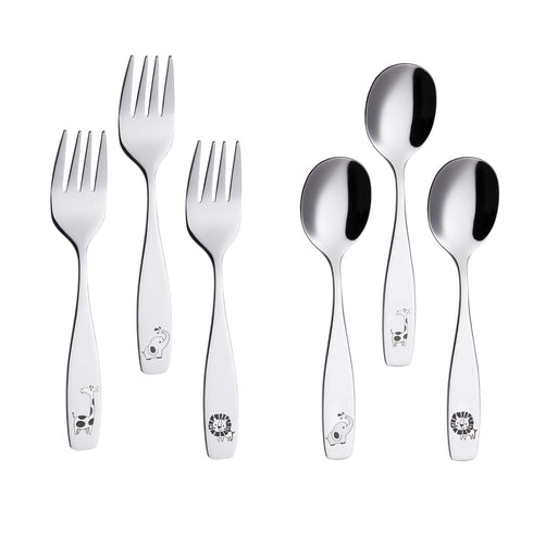 ANNOVA Kids Silverware Set, 6 Pieces Stainless Steel Flatware for Children, 3 Forks & 3 Spoons, Safari Animals Etched