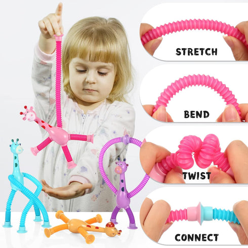 4 Pack Telescopic Suction Cup Giraffe Toy, Sensory Tubes for Toddlers, Fidget Toys for 3-8 Year Olds