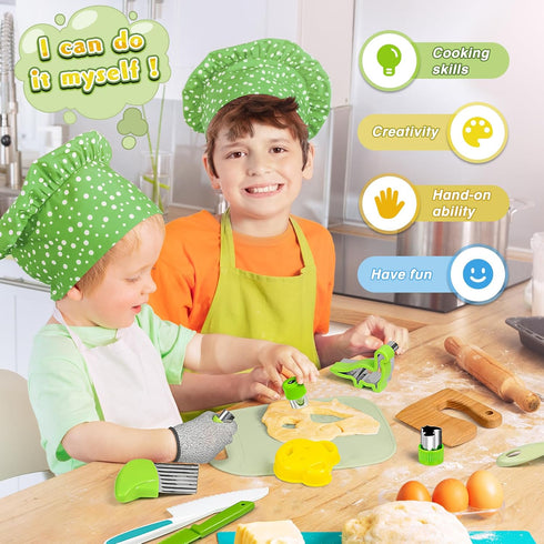 Kids Knife Set for Real Cooking - 15 PCS Montessori Kitchen Tools with Safe Knives, Cutting Board, Crinkle Cutters