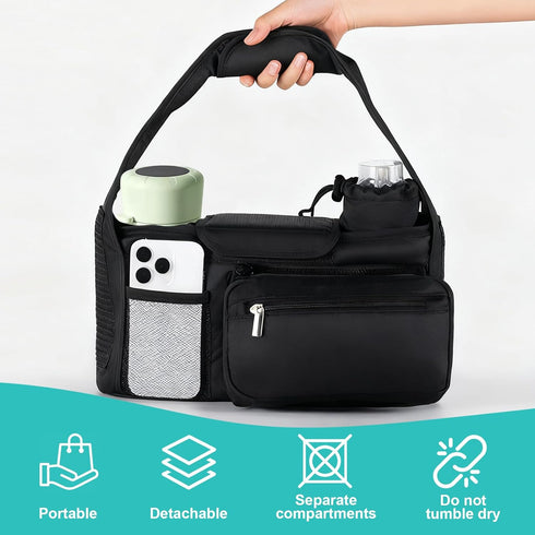 Universal Stroller Organizer with Insulated Cup Holder Detachable Phone Bag & Shoulder Strap, Bag Caddy Fits
