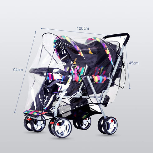 ITODA Twins Baby Pushchair Rain Cover Universal Sit Tandem Stroller Waterproof Rainy Weather Guard Outdoor Double Carriage Wind Dust Snow Protection Breathable Shield Transparent Accessories