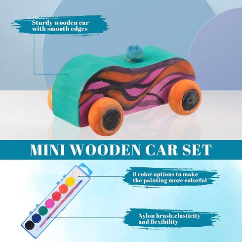Leitee 24 Sets Unfinished Paintable Wooden Cars DIY Toys with Watercolor Paint for Woodworking Crafts