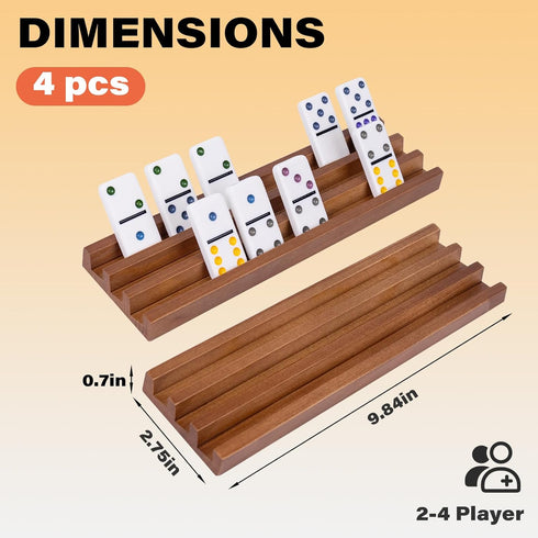 Set 4 WodGod Wooden Domino Racks of Pcs, Wood Domino Tiles Trays, Domino Holders Organizer for Mexican Train and Other