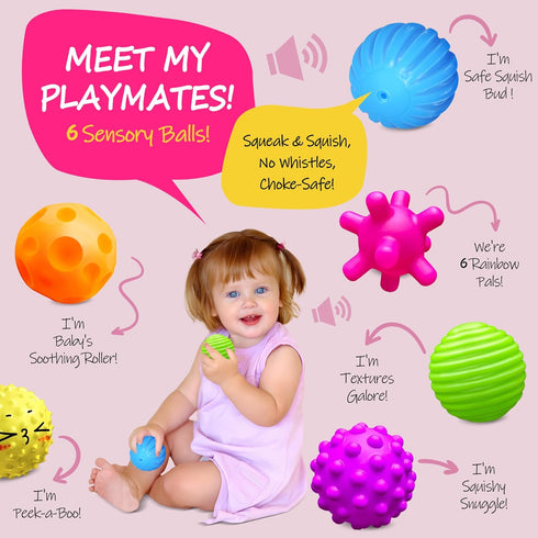 Baby Multi Sensory Toys Gift Set, Textured Massage Balls, BPA Free, 6 Pack for Toddlers 1-3 Months