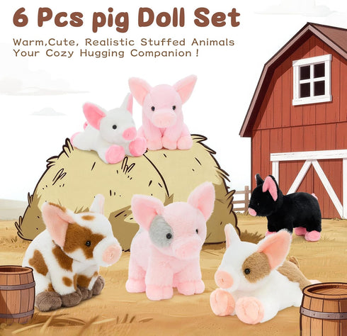 6-Pack 10 Inch Cozy Tezituor of Pig Stuffed Animals Plush Bulk, Cute & Companions in Pink, White & Spotted, Perfect