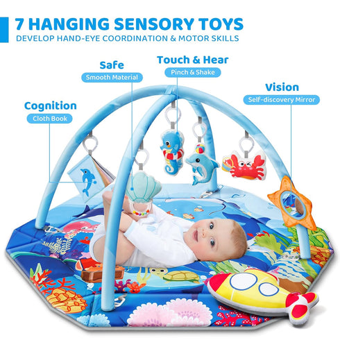 8-in-1 Tummy 0-3-6-9-12-18 Baby Gym Play Mat, Ocean Theme Time Mat & Ball Pit, Washable Baby Activity Play Mat