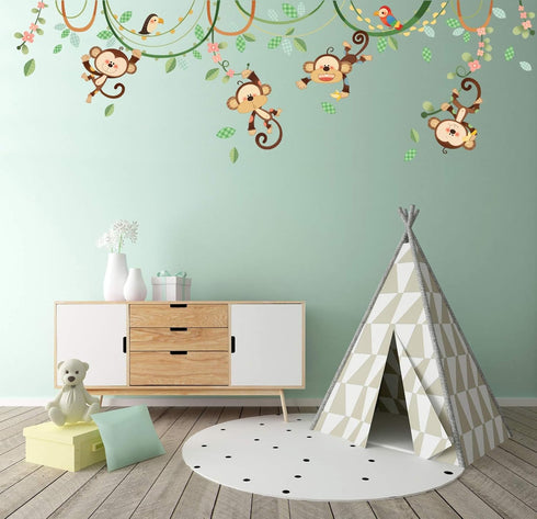 DECOWALL DW-1507S Monkeys on Vine Kids Wall Stickers - Peel and Stick Removable Wall Decals for Nursery Bedroom Decor
