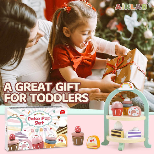 Wooden Cake Toys Tea Party Set - Desserts Food Toy with Cupcake Stand, Pretend Play Kitchen Accessories