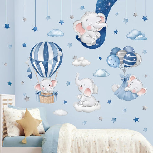 decalmile Blue Grey Sleeping Elephant Wall Decals Hot Air Balloon Moon Clouds Stars Wall Stickers Baby Nursery Kids