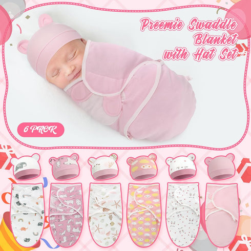 VitalCozy 6 Pack Set Set 3-7 Lbs) Preemie Swaddle Blanket Wrap with Hat Cotton Baby Swaddle Wrap Hat for Preemie