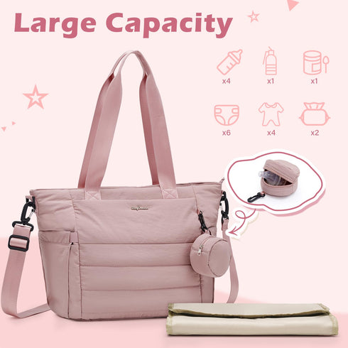LONG VACATION Diaper Bag Tote Large Baby Diaper Tote Waterproof Travel Tote with Pacifier Case And Changing Pad (Pink)