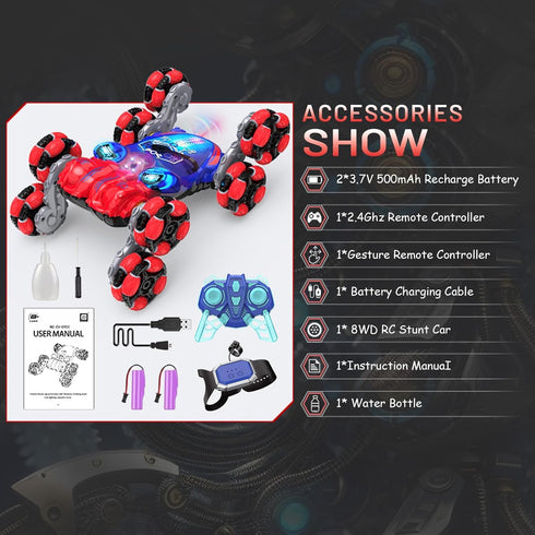 8WD 2.4GHz 8 9 10 11 12 Paaxido Remote Control Car, Gesture Sensing RC Car, RC Stunt Cars Boys Toys with Spray & Light